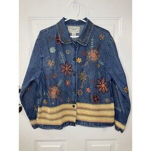TANTRUMS Denim Embroidered Crochet Button Front Shirt Jacket MEDIUM Pockets Boho